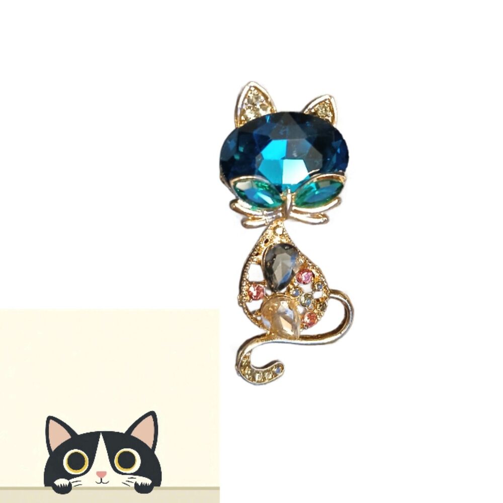 Large CAT Brooch Pin Large Blue Faceted Gemstone & Rhinestones